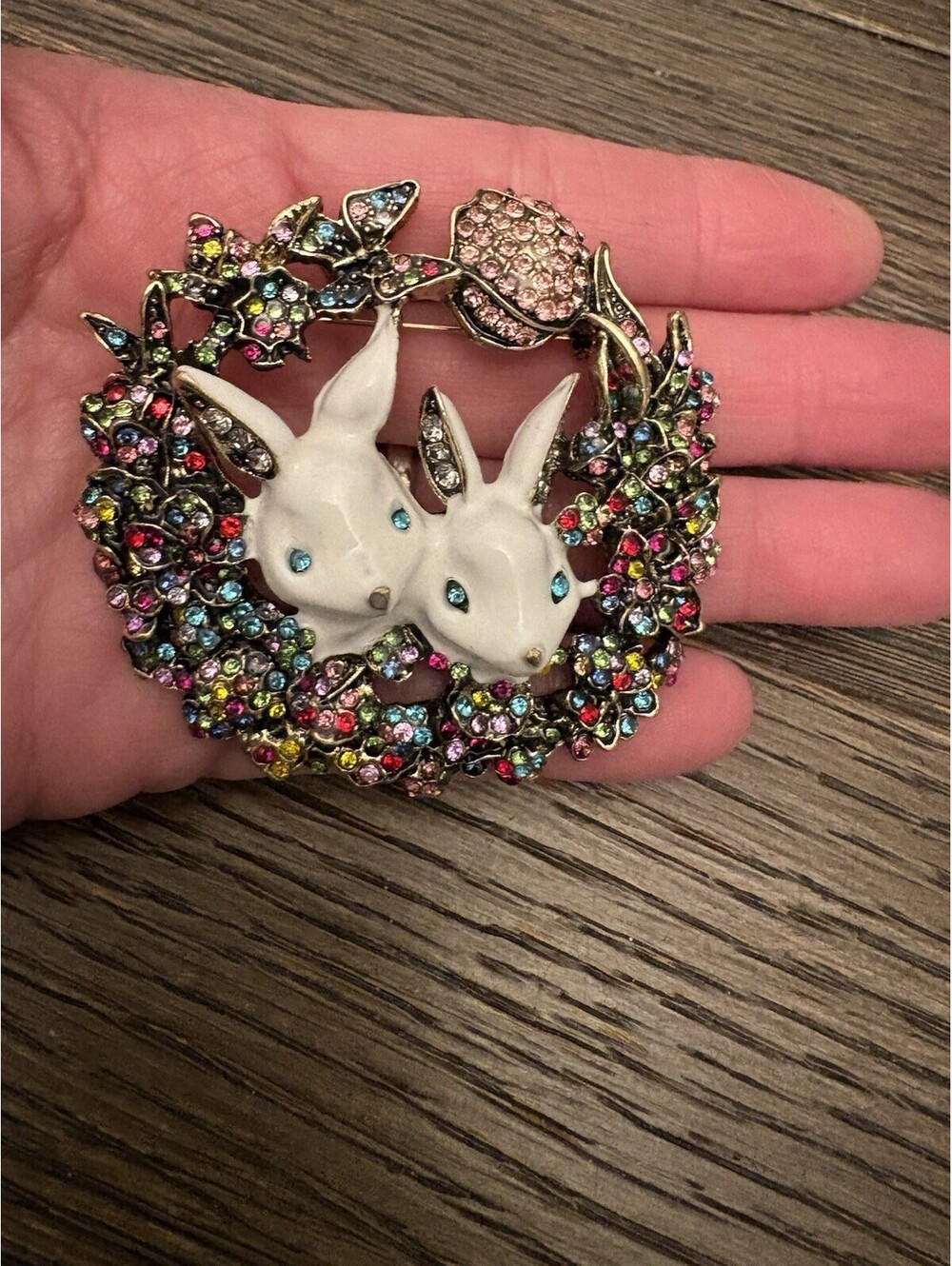 Easter Bunny Rhinestone Brooch Pin Colorful Floral Spring Butterfly White Rabbit - Picture 3 of 4